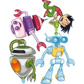 Autocollant Stickers mural enfant kit 3 robots 1 jeune garçon